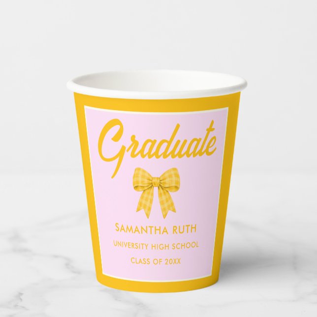 Yellow Gingham Bow Graduation Party Paper Cups (Front)