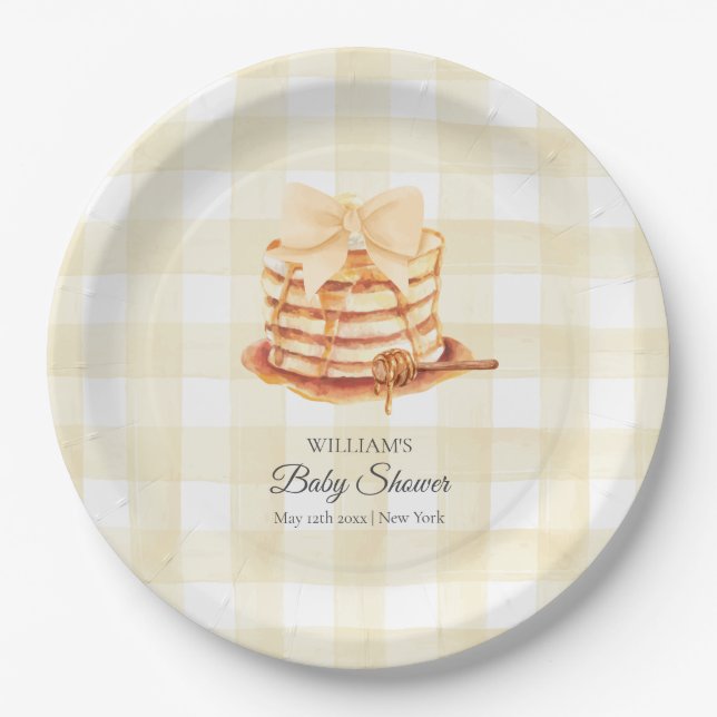 Yellow Gingham Bow Pancake Brunch Baby Shower  Paper Plate (Front)