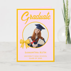 Yellow Gingham Bow Photo Graduation Card