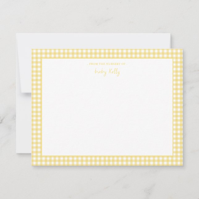 Yellow Gingham check Baby Flat Thank you Card (Front)