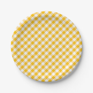 Yellow Gingham Check Pattern Paper Plate