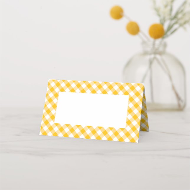 Yellow Gingham Check Pattern Place Card (Back)