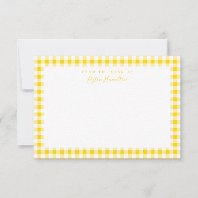 Yellow Gingham Check Personal Stationery Thank You Card (Front)