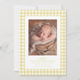 Yellow gingham classic simple two photo birth announcement