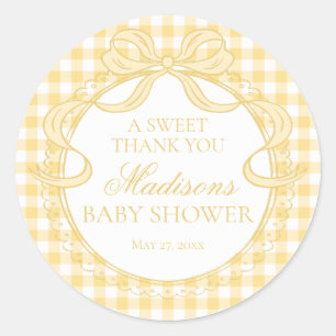 Yellow Gingham Coquette Bow Baby Shower Favor Classic Round Sticker