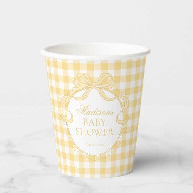 Yellow Gingham Coquette Bow Baby Shower Paper Cups (Front)
