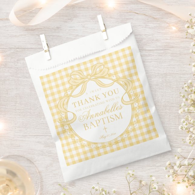 Yellow Gingham Coquette Bow Baptism Dessert Favour Bag (Clipped)