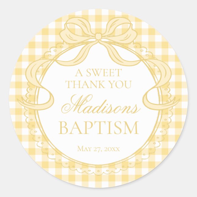 Yellow Gingham Coquette Bow Baptism Favour Classic Round Sticker (Front)