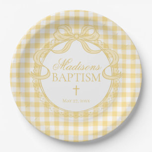 Yellow Gingham Coquette Bow Baptism Paper Plate