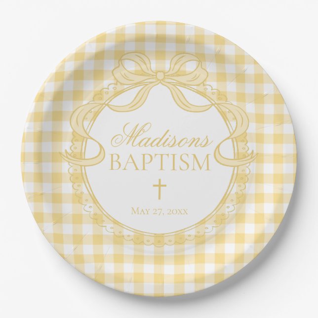 Yellow Gingham Coquette Bow Baptism Paper Plate (Front)