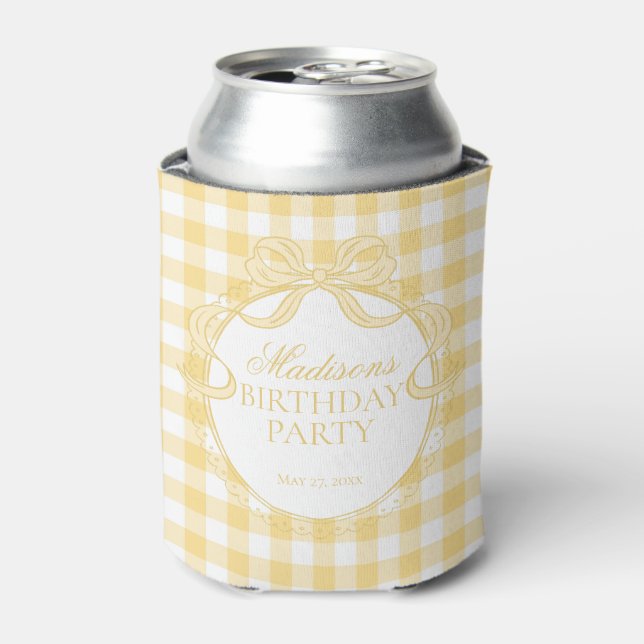 Yellow Gingham Coquette Bow Birthday Party Favour Can Cooler (Can Front)