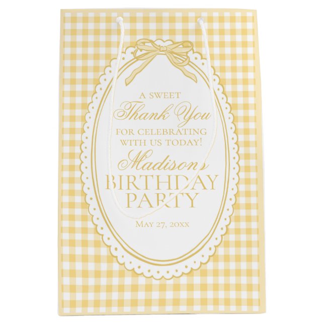 Yellow Gingham Coquette Bow Birthday Party Favours Medium Gift Bag (Front)