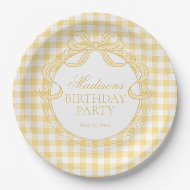 Yellow Gingham Coquette Bow Birthday Party Paper Plate (Front)
