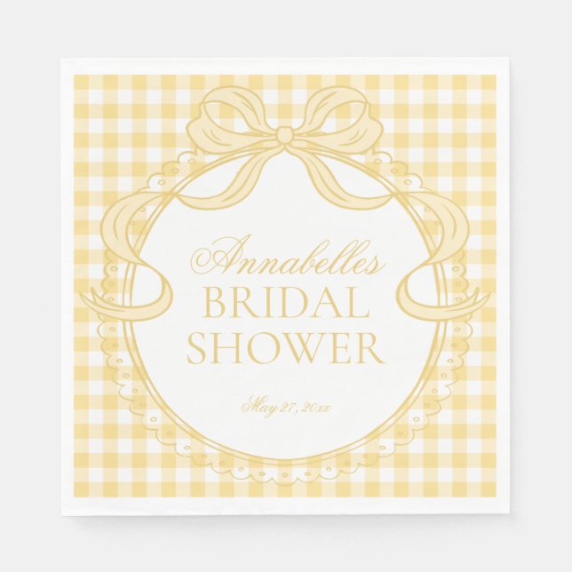 Yellow Gingham Coquette Bow Bridal Shower Dessert Napkin (Front)