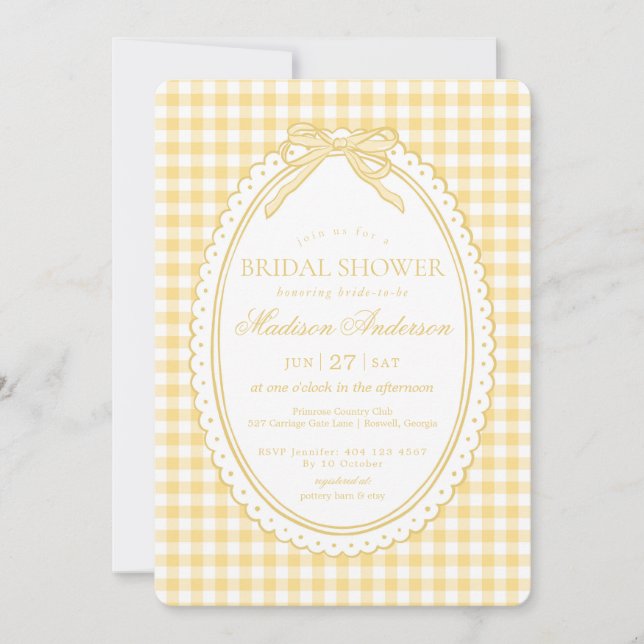 Yellow Gingham Coquette Bow Bridal Shower Invitation (Front)