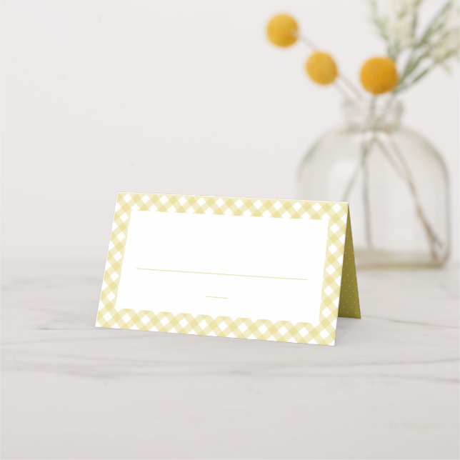 Yellow gingham cute simple neutral baby shower place card (Front)