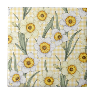 Yellow Gingham Daffodil Botanical Floral Pattern Ceramic Tile