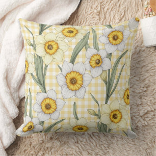 Yellow Gingham Daffodil Botanical Floral Pattern Cushion