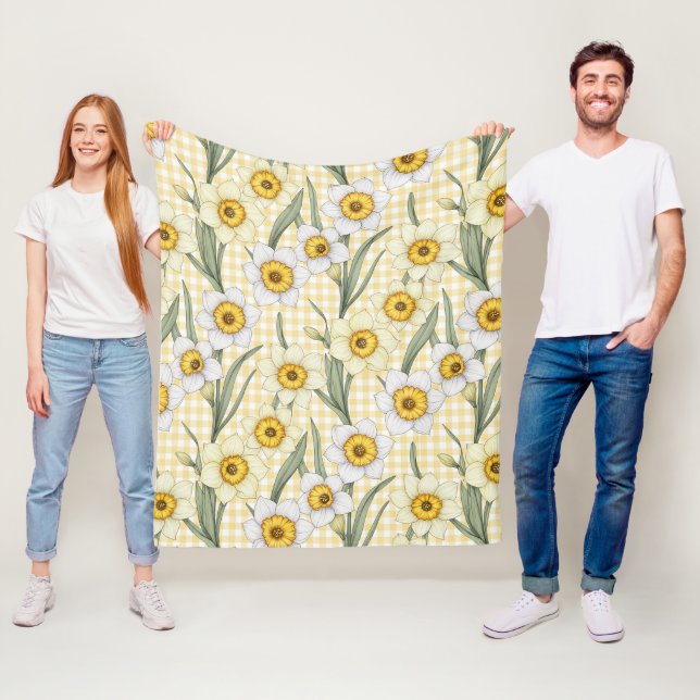 Yellow Gingham Daffodil Botanical Floral Pattern Fleece Blanket (In Situ)