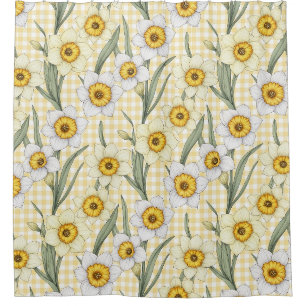 Yellow Gingham Daffodil Botanical Floral Pattern Shower Curtain