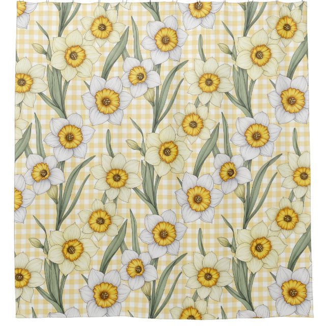 Yellow Gingham Daffodil Botanical Floral Pattern Shower Curtain (Front)