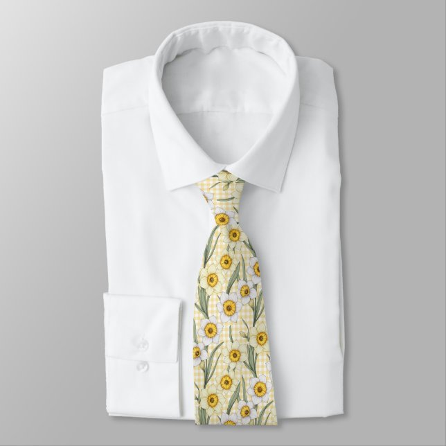 Yellow Gingham Daffodil Botanical Floral Pattern Tie (Tied)