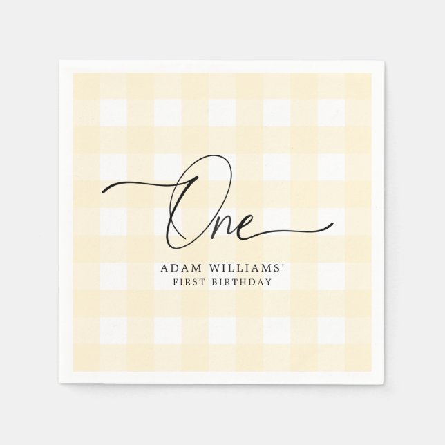 Yellow Gingham First Birthday Paper Napkin (Front)