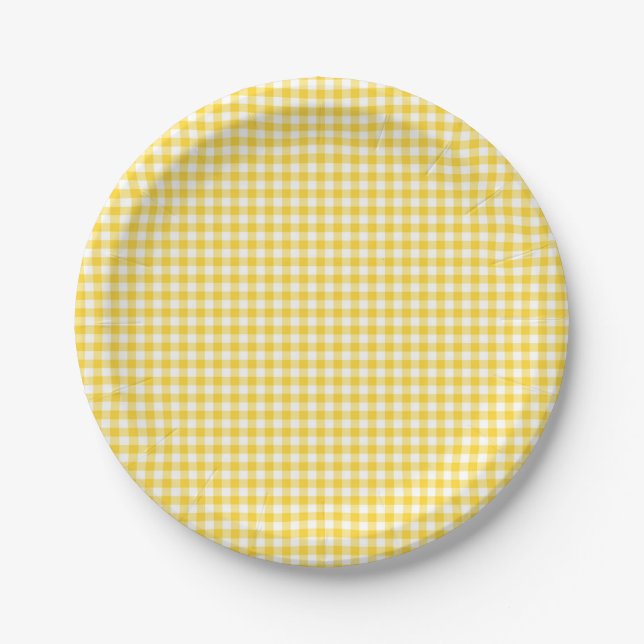Yellow Gingham First Birthday Paper Plates (Front)