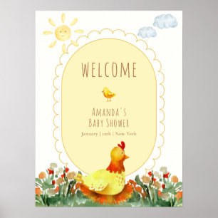 Yellow Gingham Garden Chicken Baby Shower Welcome Poster