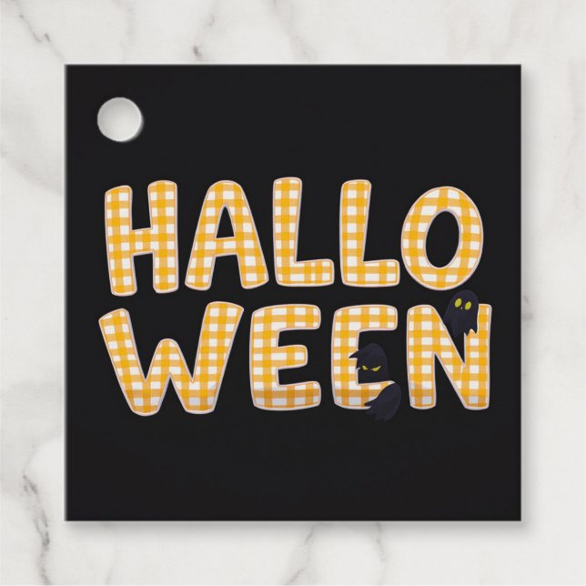 Yellow Gingham Halloween Cat Favour Tags (Front)