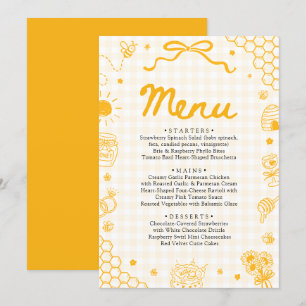 Yellow Gingham Hand Drawn Honey Bee Menu Card