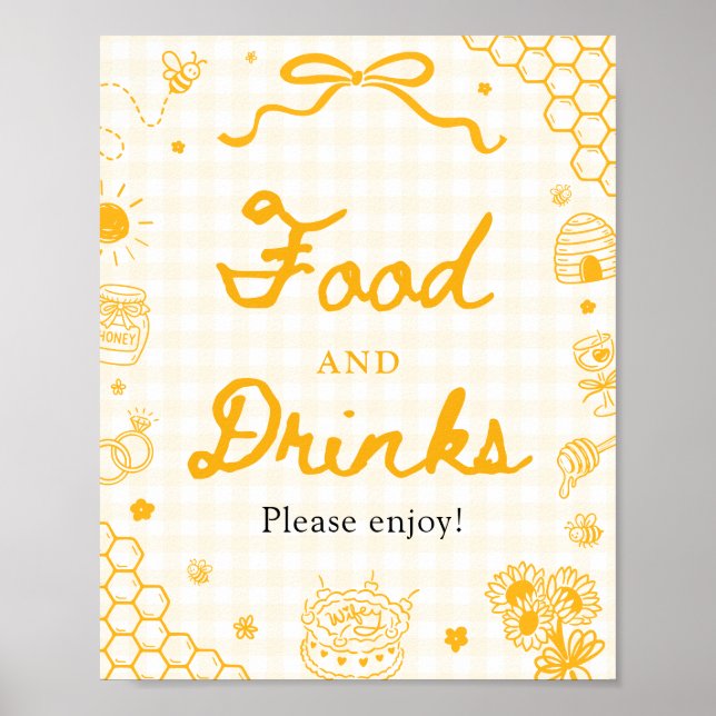 Yellow Gingham Honey Bee Food and Drinks Sign (Front)