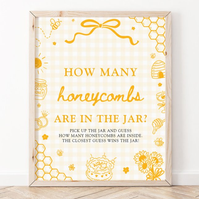 Yellow Gingham Honey Bee Guess How Many Honeycombs Poster (Yellow Gingham Honey Bee Guess How Many Honeycombs Game Sign)