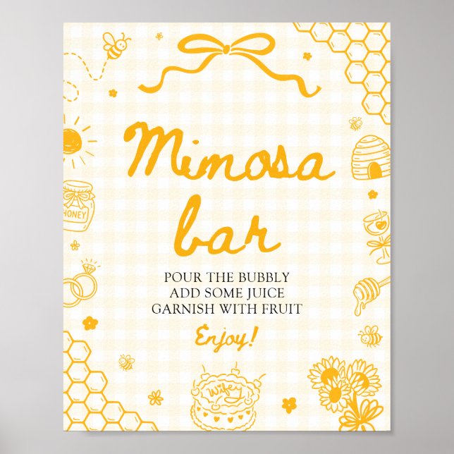 Yellow Gingham Honey Bee Mimosa Bar Sign (Front)