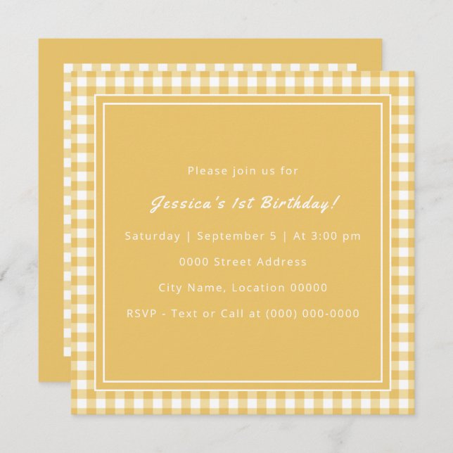Yellow Gingham Monogram Birthday Party Invitation (Front/Back)