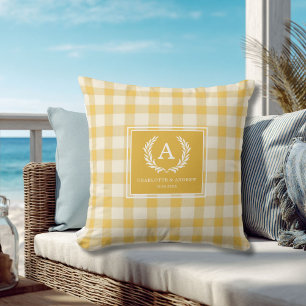 Yellow Gingham Monogram Crest Cushion