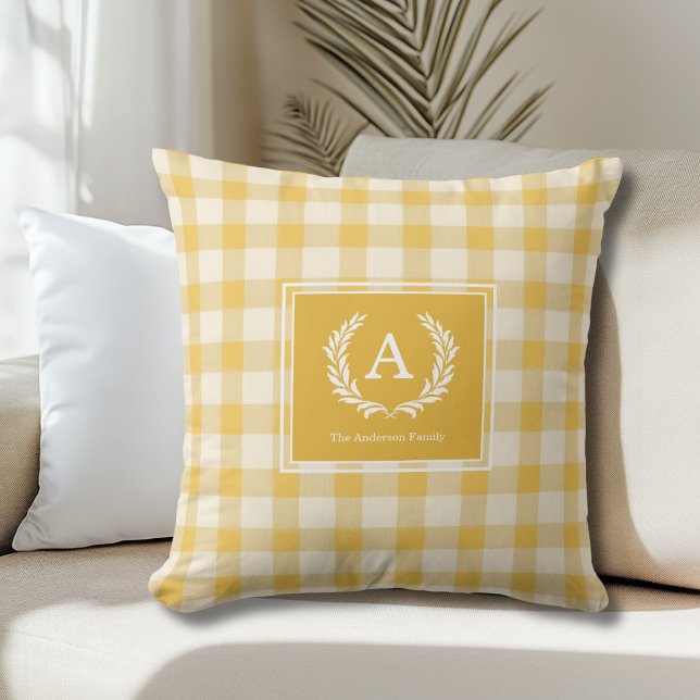 Yellow Gingham Monogram Crest Cushion (Yellow 
Gingham Monogram Crest Throw Pillow)
