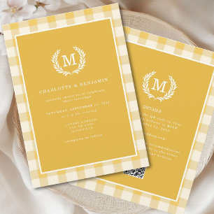 Yellow Gingham Monogram Crest QR Code Invitation