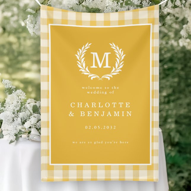Yellow Gingham Monogram Crest Wedding Welcome Banner (Yellow Gingham Monogram Crest Wedding Welcome Banner)