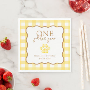 Yellow Gingham One Golden Year Boys First Birthday Napkin