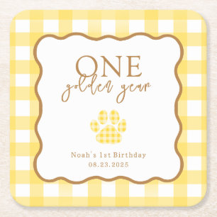 Yellow Gingham One Golden Year First Birthday Square Paper Coaster