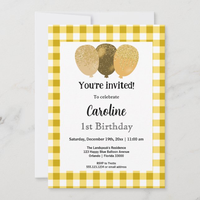 Yellow Gingham, Party Balloons 1st Birthday Invitation (Front)