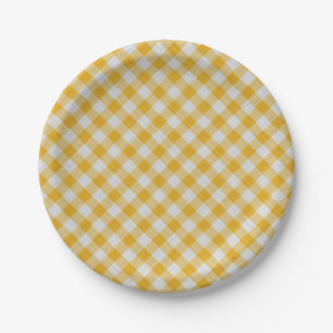 Yellow Gingham Plaid Checkered Pattern Paper Plate