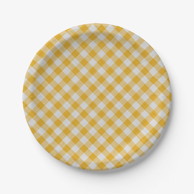 Yellow Gingham Plaid Checkered Pattern Paper Plate (Front)