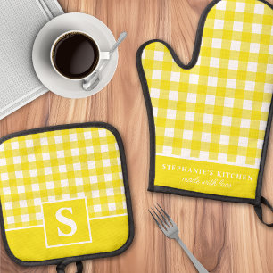 Yellow Gingham Plaid Chequered Monogrammed Oven Mitt & Pot Holder Set