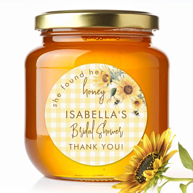 Yellow Gingham She Found Her Honey Bridal Shower Classic Round Sticker (Creator Uploaded)
