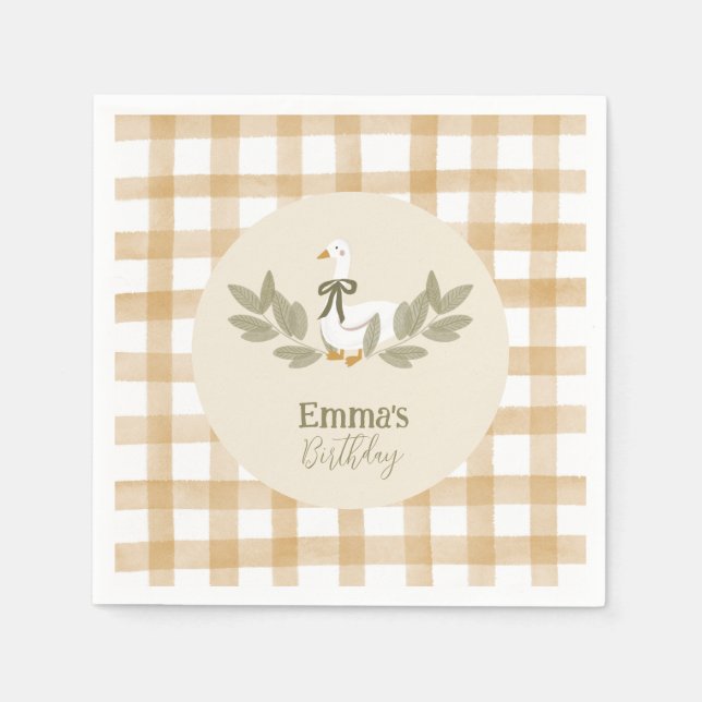Yellow Gingham Silly Goose Birthday Party  Napkin (Front)