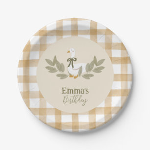 Yellow Gingham Silly Goose Birthday Party Paper Plate