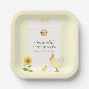 Yellow Gingham Sunflower Chicken Baby Shower Paper Plate