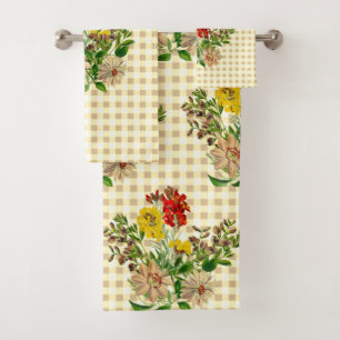 Yellow Gingham with Clematis Wildflowers  Bath Towel Set
